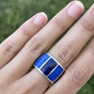 Lapis and Denim Lapis Inlay Ring in 925 Sterling Silver by Peyote Bird Size 7.5